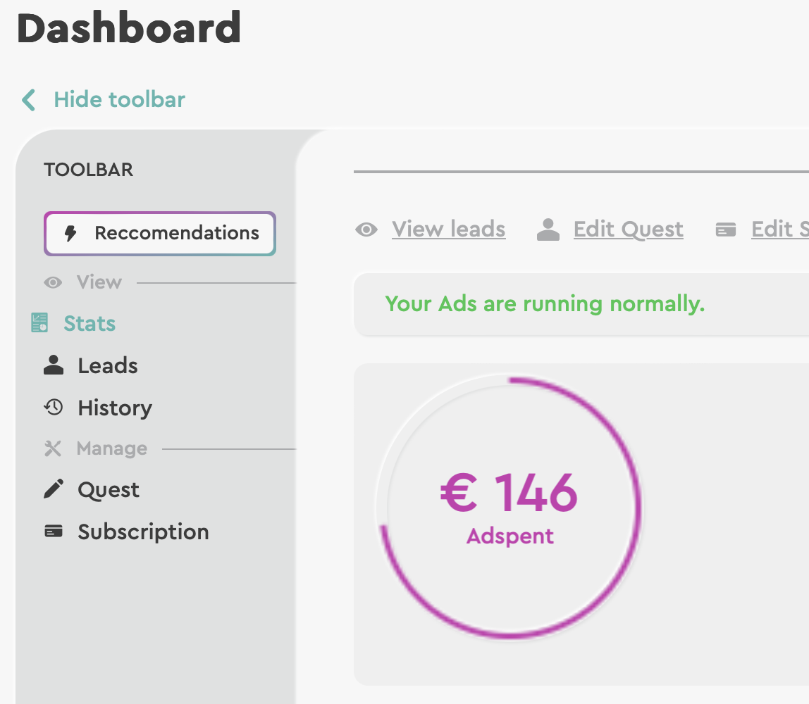 Questad's dashboard adspent and toolbar view